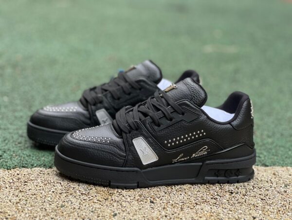 Lv Trainer Black Silver cow leather strappy round toe