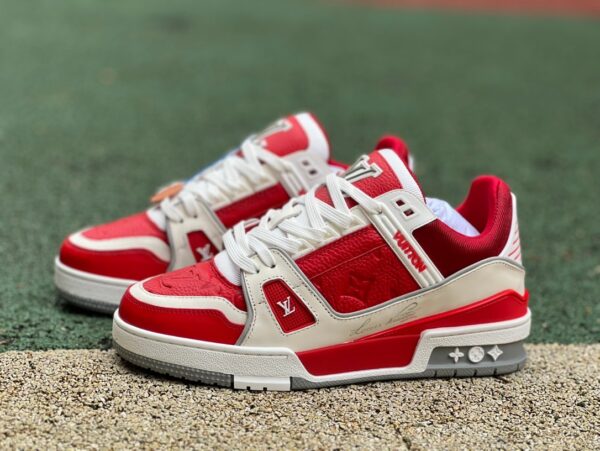 LV white red gray cow leather round toe lace-up low-top sneakers