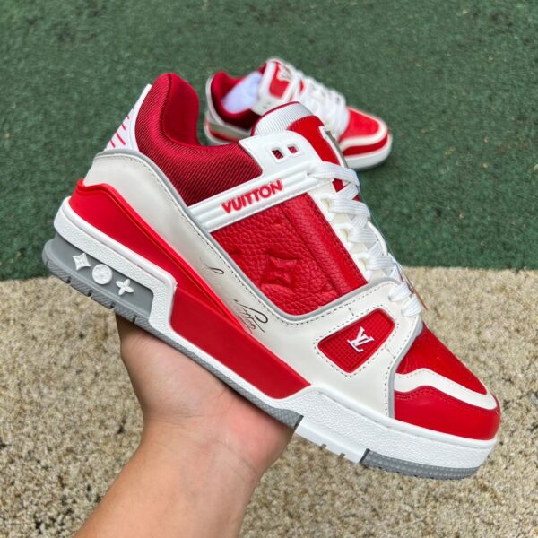 LV white red gray cow leather round toe lace-up low-top sneakers - Image 5